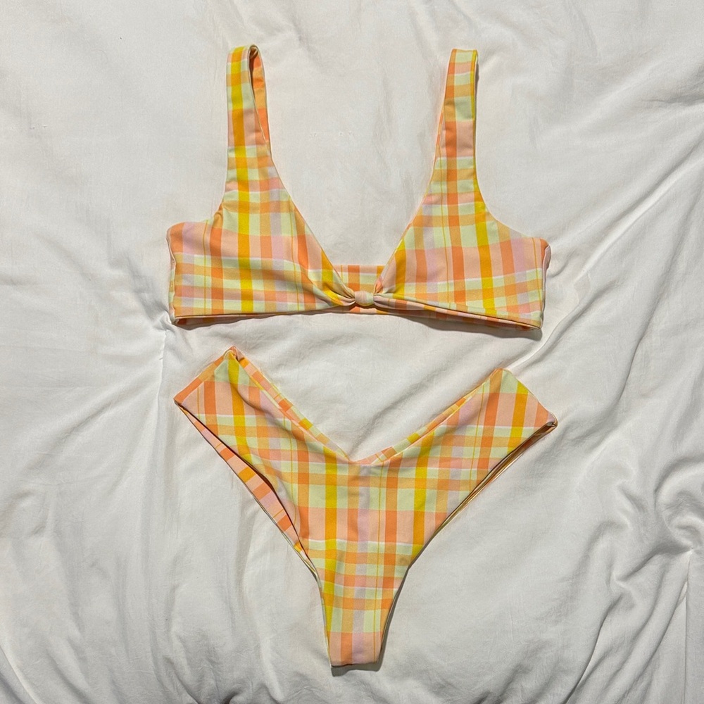 Skatie Plaid Yellow & Peach Bikini Set
Penny top - small 
Mandi bottom - small